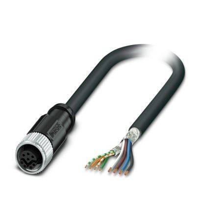 Ein schwarzes Industriekabel mit einem kreisförmigen Stecker an einem Ende und freigelegten farbigen Drähten am anderen Ende, verwendet für elektrische Verbindungen.