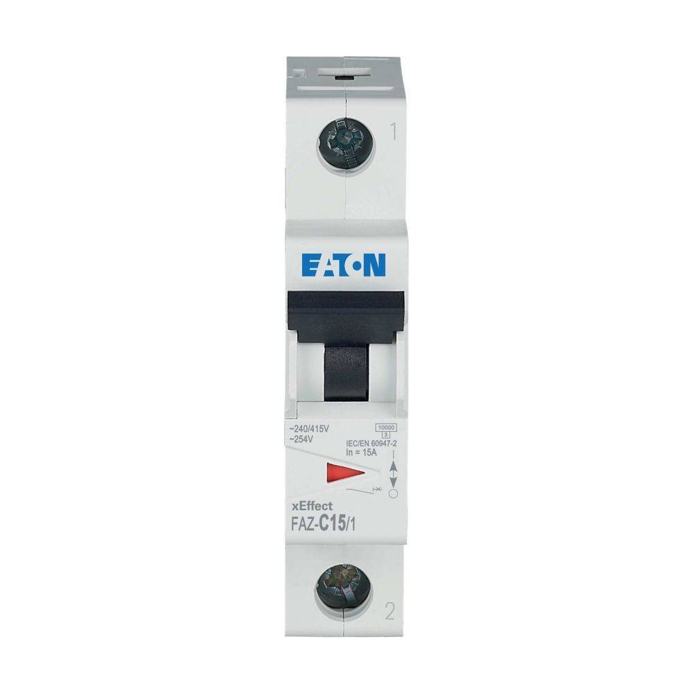 Kompakter Leistungsschalter der Marke Eaton, mit der Bezeichnung 'FAZ-C15/1', mit Kippschalter, ausgelegt für 240/415V, 15A, für elektrische Systeme.