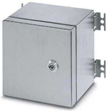 Metallische elektrische Verteilerdose mit abschließbarer Vordertür, auf Halterungen montiert.