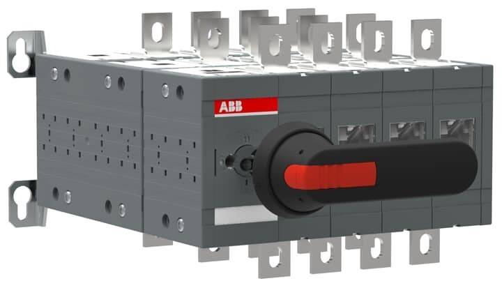 Ein graues und rotes elektrisches Schaltgerät mit mehreren Anschlüssen, mit dem Markennamen 'ABB' versehen, mit einem schwarz-roten Drehschalter auf der Vorderseite.