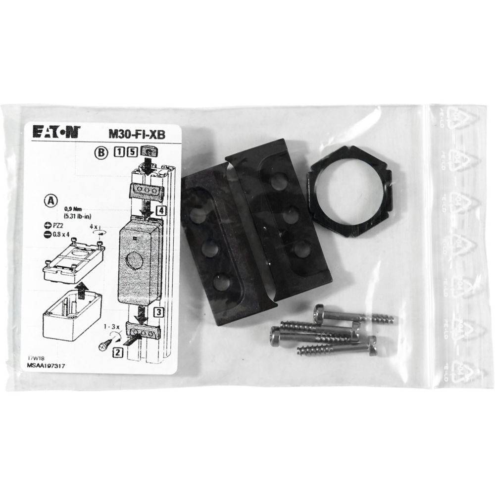 Das Eaton M30-FI-XB Montageset enthält eine Positionierungszeichnung, zwei schwarze Platten, eine Sechskantmutter und Schrauben für die elektrische Installation.
