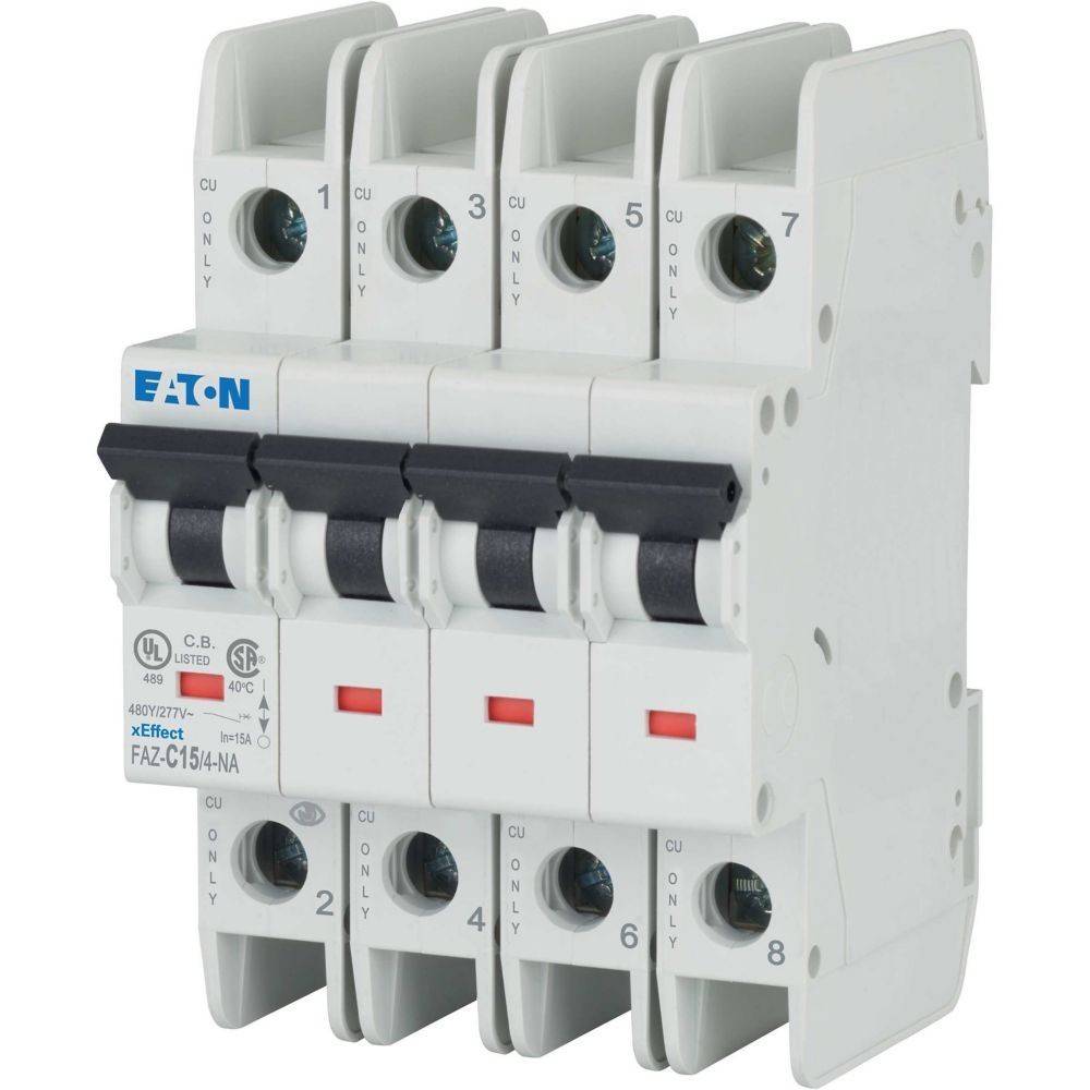 Eaton-Marken-Sicherungsautomat mit vier Schaltern, gekennzeichnet mit den Nummern 13, 5, 9, 7 und 3, der typischerweise für elektrische Sicherheit und Schutz verwendet wird.