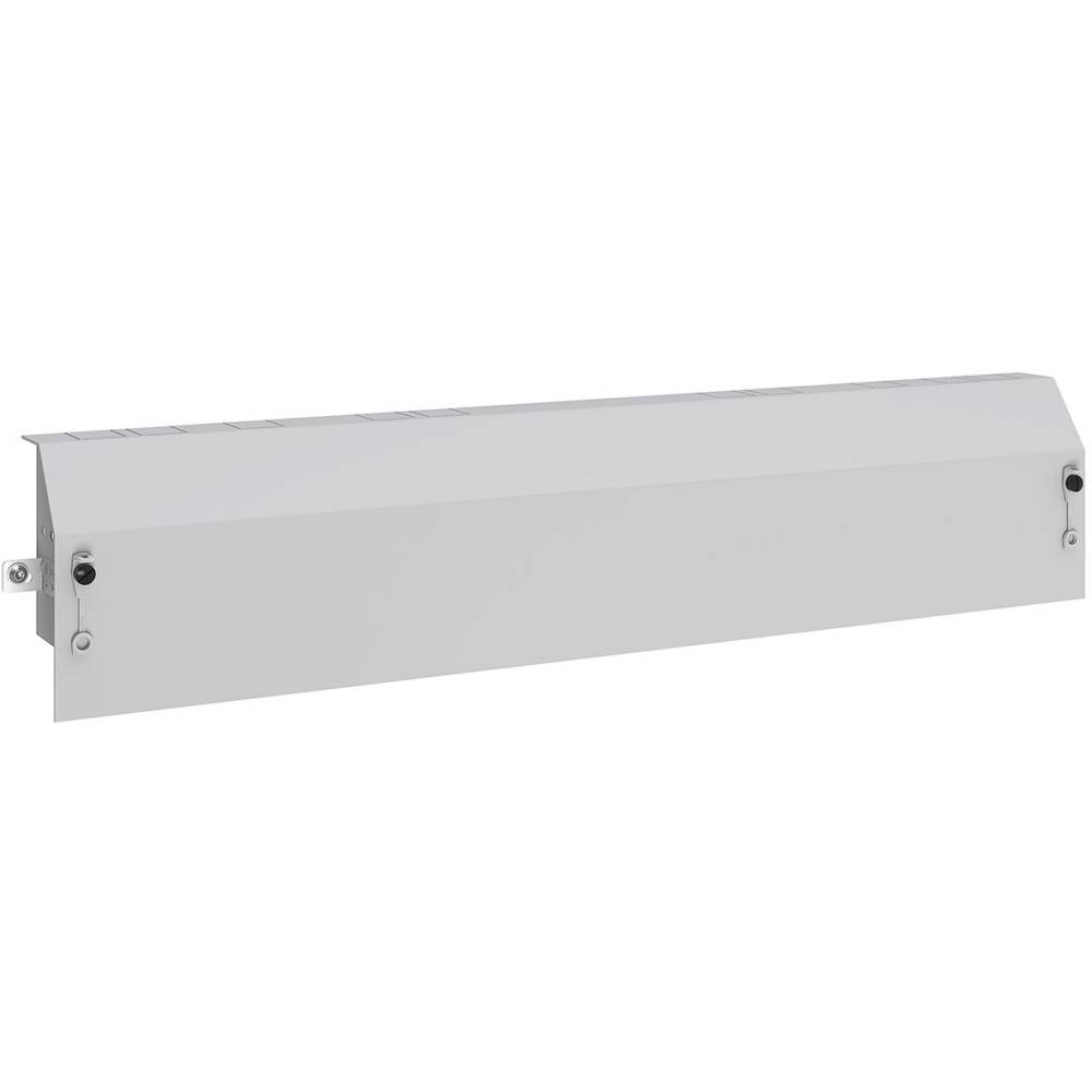 Eine graue rechteckige Metallabdeckung, möglicherweise zum Schutz von externen elektrischen oder mechanischen Komponenten, mit Befestigungslöchern an jeder Seite.