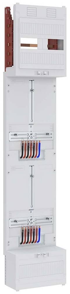 Ein weißes Elektroverteilerkästchen mit sechs verschiedenfarbigen Kabeln: zwei schwarze, zwei braune, ein orangefarbenes und ein blaues Kabel.