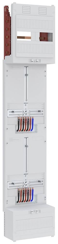 Das Bild zeigt eine moderne Sicherungskasten mit sechs sichtbaren farbigen Kabeln für elektrische Anschlüsse, montiert auf einer weißen Oberfläche.