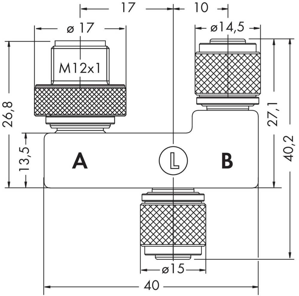 Technische Zeichnung eines T-förmigen Verbindungsstücks mit drei kreisrunden Anschlüssen, die mit 'A', 'B' und 'L' beschriftet sind. Messungen in Millimetern sind angegeben, wie 40 mm Breite und 13,5 mm Durchmesser für den L-Anschluss.