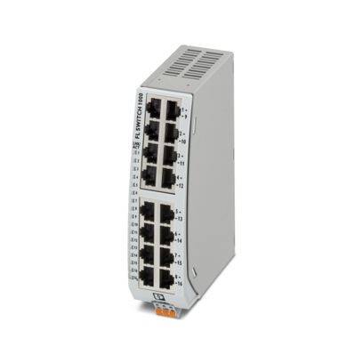 Ein industrieller Netzwerk-Switch mit mehreren vertikal angeordneten Ethernet-Anschlüssen, der zum Verwalten und Verbinden verschiedener Netzwerkgeräte verwendet wird.