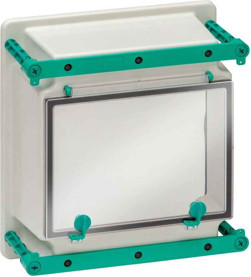 Eine quadratische, durchsichtige Kunststoffabdeckung mit grünen Griffen und Scharnieren, die zum Schutz einer elektrischen oder mechanischen Komponente verwendet wird.