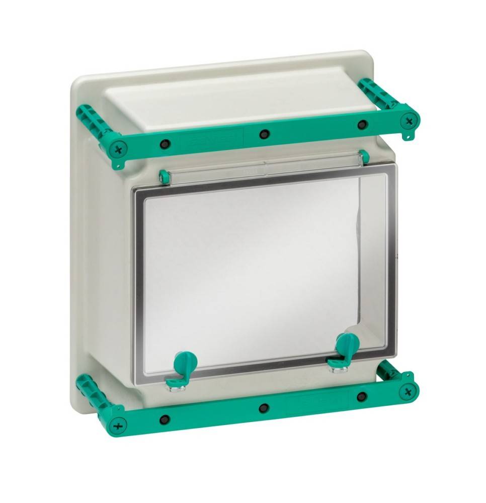 Ein weißes Plastik-Elektrogehäuse mit durchsichtigem Deckel und grünen Befestigungsklammern zur Unterbringung von elektronischen Komponenten, von vorne dargestellt.
