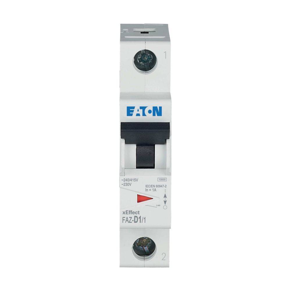 Eaton FAZ-D1/1 Leitungsschutzschalter, einpolig, 240/415V, 16A Nennstrom, weißes Gehäuse mit blauer Markierung, auf DIN-Schiene montiert.