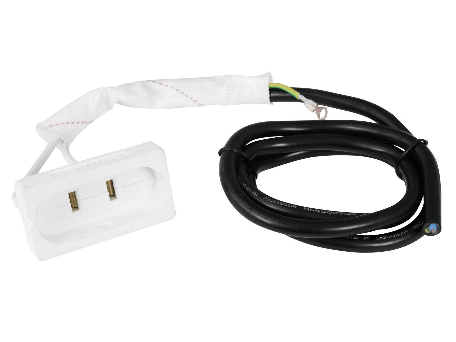 Ein weißer Netzstecker und ein schwarzes Kabel mit freiliegenden Drähten, verwendet für elektrische Verbindungen oder Reparaturen.