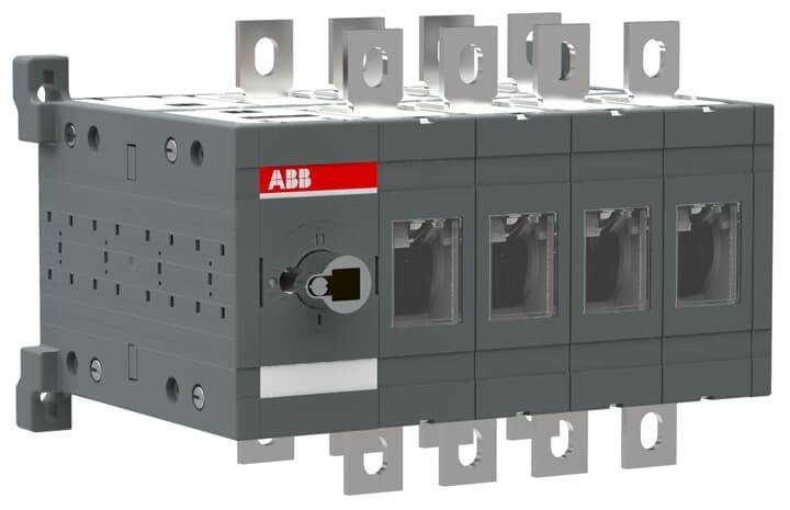Ein graues ABB-Elektroschaltgerät mit mehreren Anschlusspunkten und einem beschrifteten Stellknopf, das zur Stromverteilungssteuerung verwendet wird.