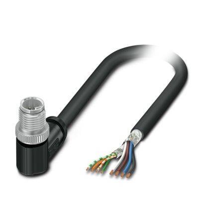 Ein schwarzes Elektrokabel mit einem rechtwinkligen Stecker auf einer Seite und freigelegten mehrfarbigen Drähten auf der anderen Seite, was auf eine Vorbereitung zur Verbindung hindeutet.
