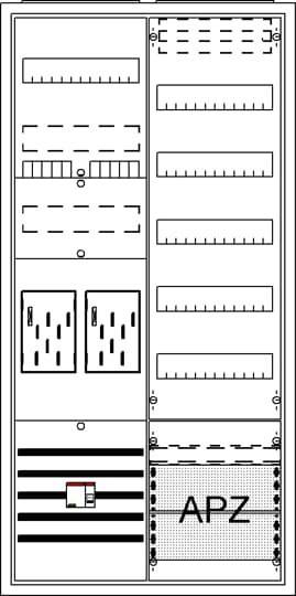Eine detaillierte Schemazeichnung einer elektrischen Tafel mit verschiedenen Komponenten, darunter Schalter, Sicherungen und Schutzschalter.