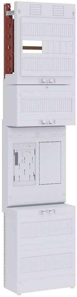 Elektrischer Sicherungskasten mit mehreren Schaltern und einem geschlossenen Fach auf weißem Hintergrund.