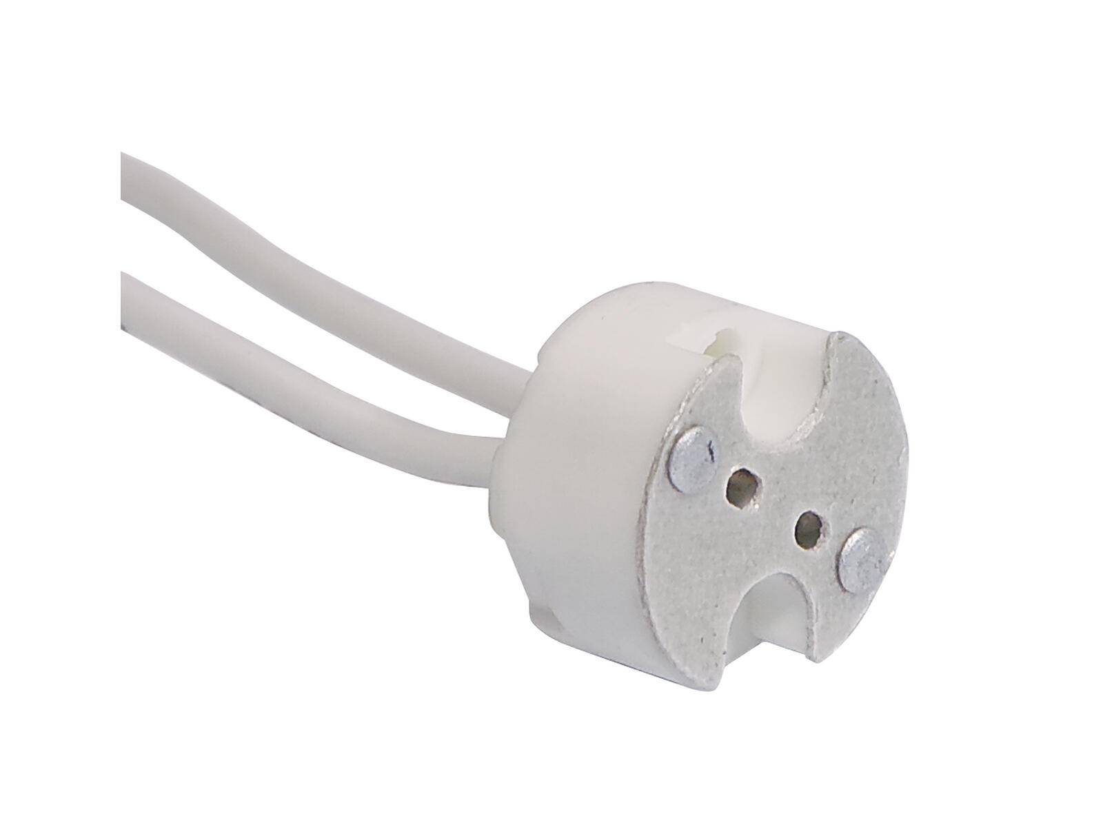Eine weiße Keramik-Lampenfassung mit zwei angeschlossenen Kabeln, konstruiert für eine GU10-Glühbirne, mit einer kreisförmigen Gestalt und Metallkontakten.
