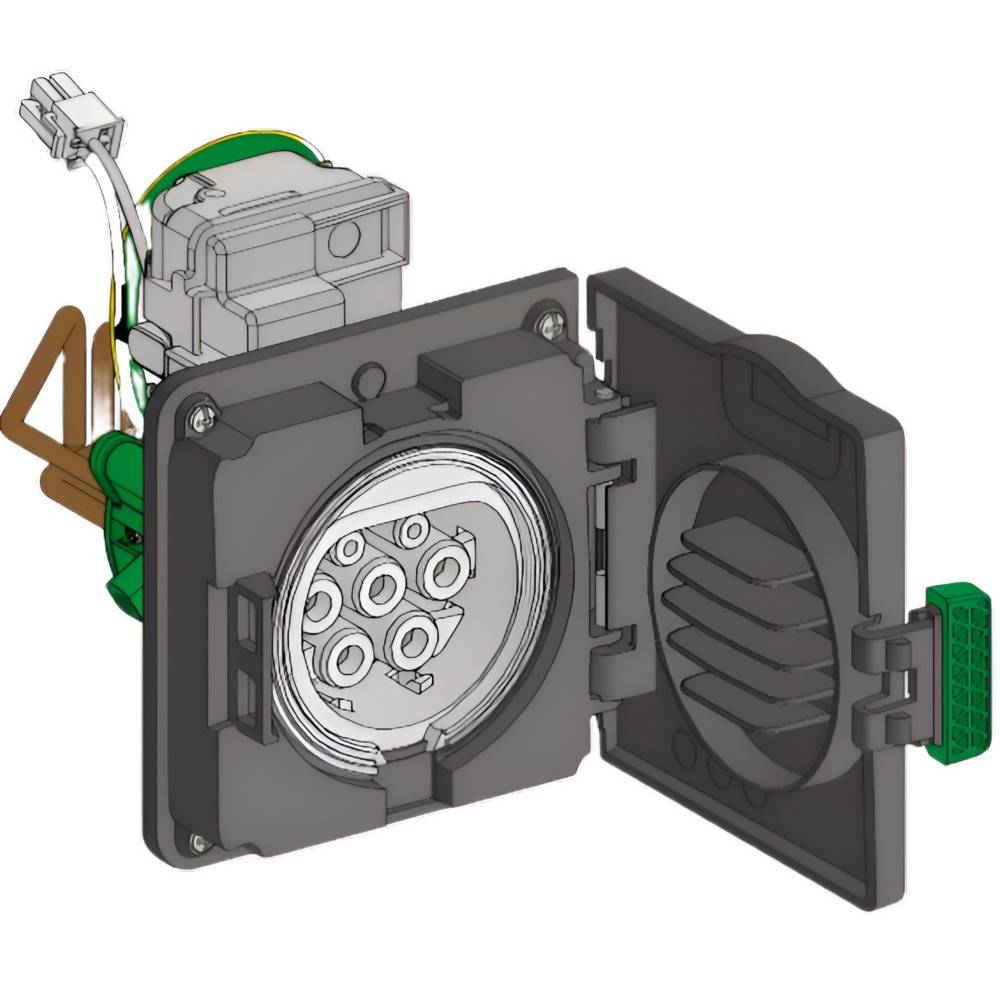 Elektrischer Verbinderstecker-Diagramm mit fünf kreisförmigen Anschlüssen und einer offenen Schutzabdeckung. Kabel sind an der Rückseite angeschlossen.