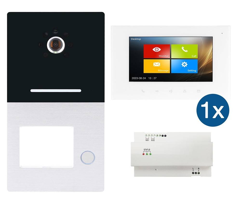 Videosprechanlage mit Touchscreen-Schnittstelle mit Kamera, Display und Steuereinheit. Der Bildschirm zeigt „Desktop