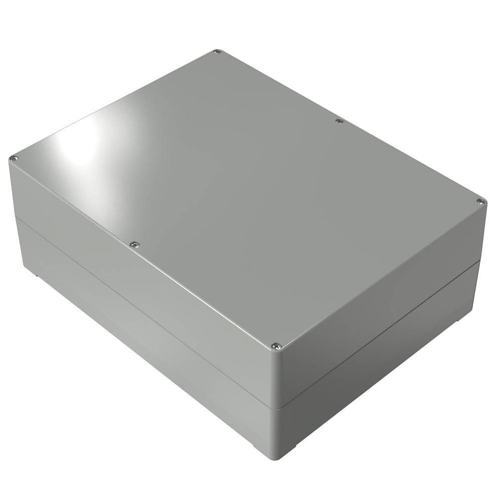 Graues rechteckiges Metallgehäuse mit glatter Oberfläche und Schrauben an den Ecken, verwendet zum Schutz von elektronischen Bauteilen.