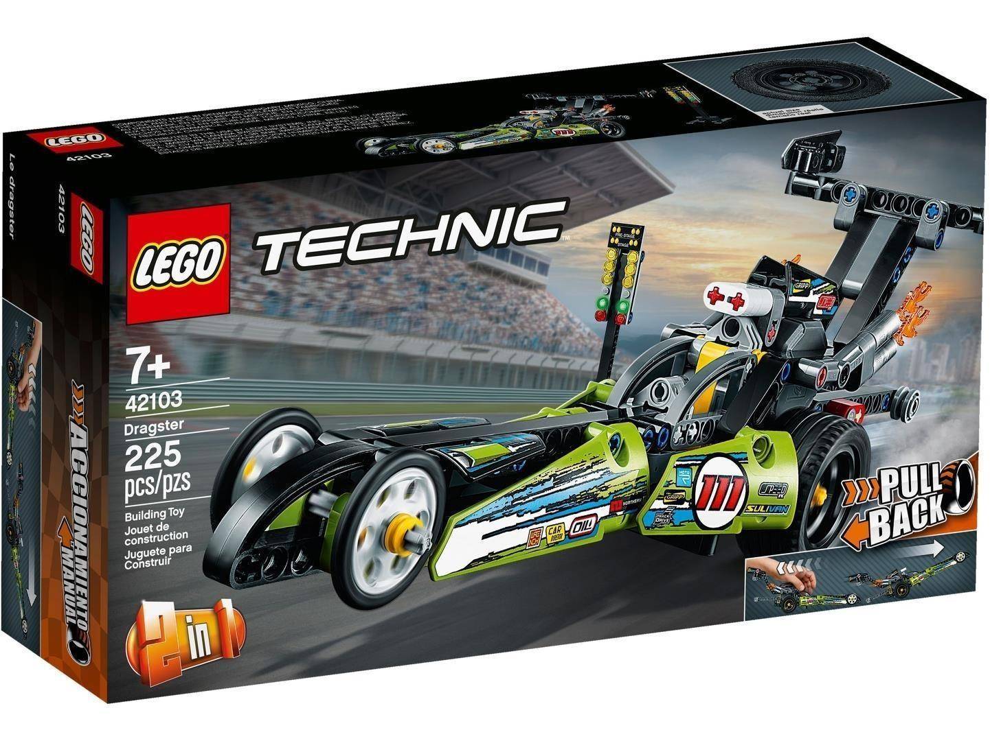 LEGO Technic 42103 Dragster Rückzugmodellbausatz für Altersgruppe 7+, 225 Teile, mit einem grünen Dragster-Rennwagen auf der Schachtel.