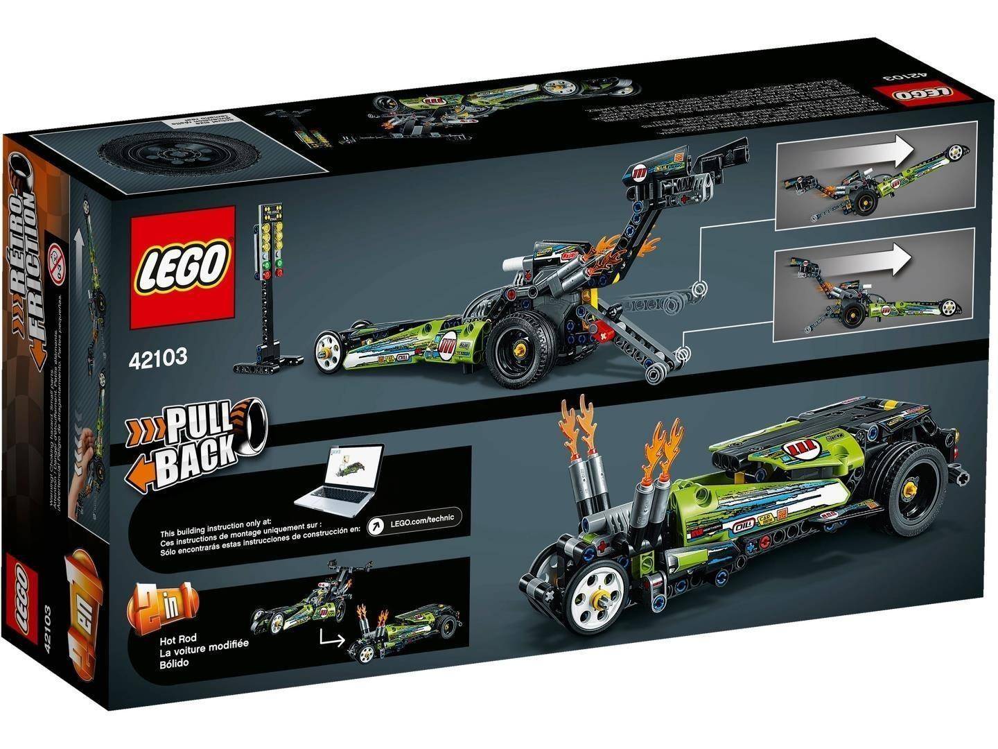 LEGO Technic Hot Rod Pull-Back Set-Schachtel mit einem grünen Dragster-Modell und Rückzugsaktionspfeilen; Set-Nummer 42103.