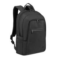 Schwarzer Rucksack mit vorderer Reißverschlusstasche und gepolsterten Schultergurten auf weißem Hintergrund.