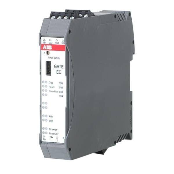 Sicherheitssteuerungsmodul mit der Bezeichnung 'GATE EC' mit Statusanzeigen und Anschlussports, verwendet zur Steuerung von Maschinensicherheitsabläufen.
