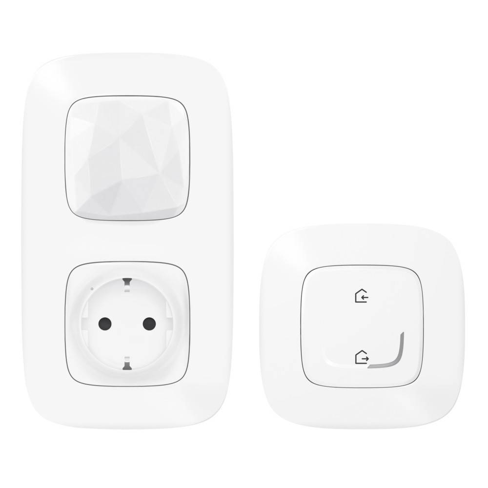 Ein intelligenter Smart-Home-Stecker und Schalter, beide weiß mit minimalistischem Design. Der Stecker hat eine kreisförmige Steckdose, und der Schalter verfügt über zwei kleine Hausicons.