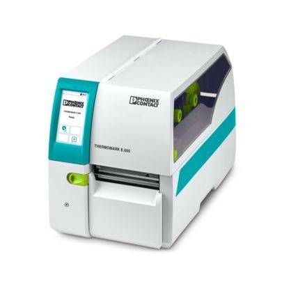 Beschriftungsdrucker mit digitaler Anzeige von Phoenix Contact, Modell Thermomark E.600. Das Gerät ist überwiegend weiß mit türkisfarbenen Akzenten.
