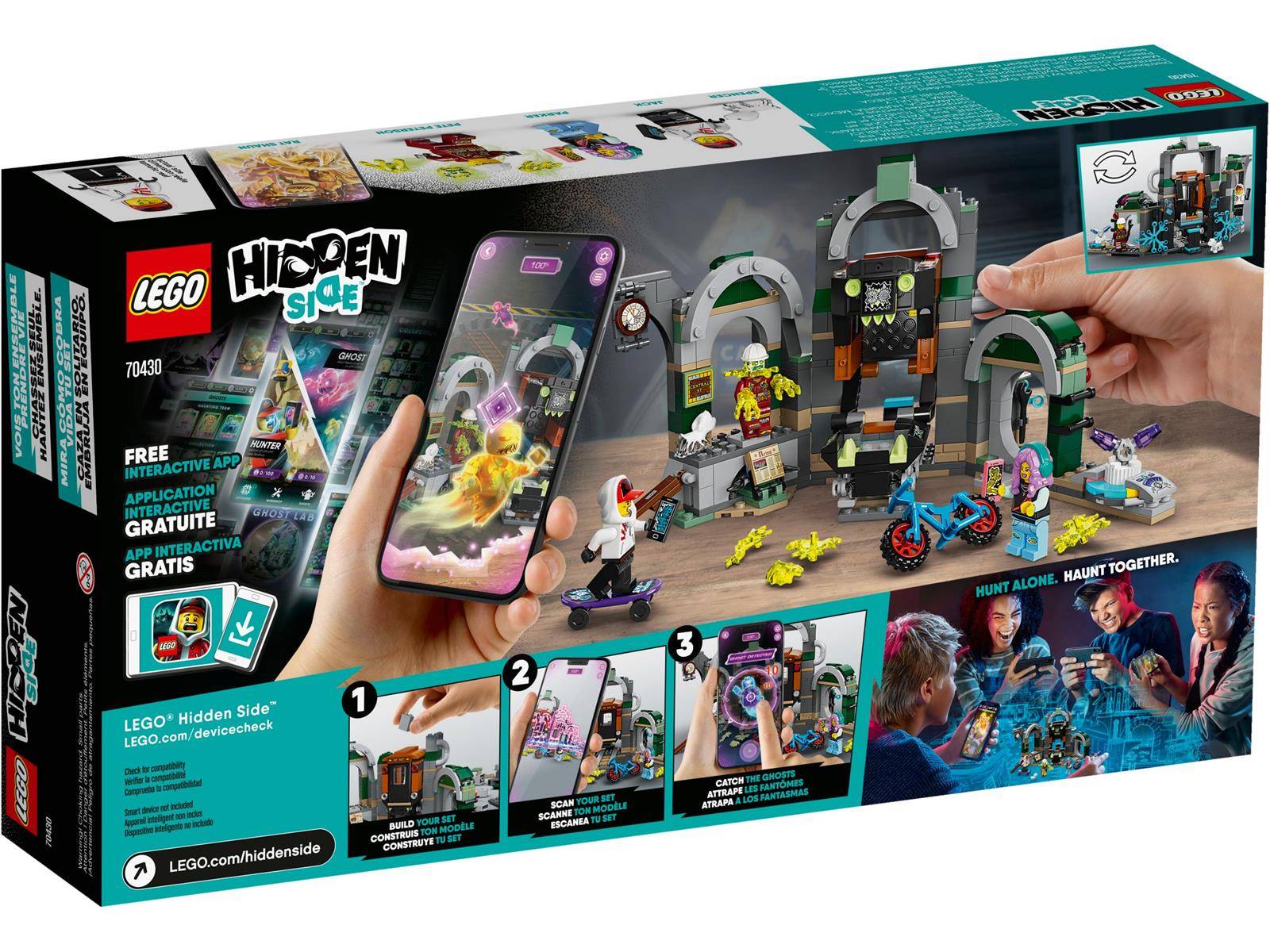 LEGO Hidden Side Set-Box, die eine AR-App zeigt, die mit einem Geister-Grabmalset interagiert. Merkmale umfassen interaktive Elemente und App-Nutzung.