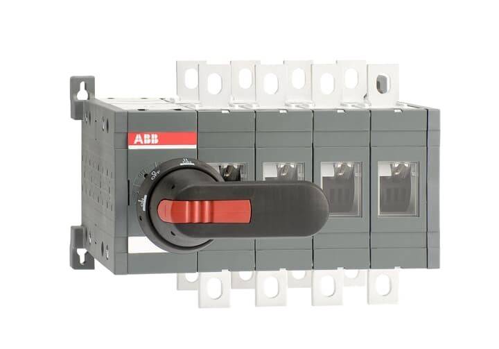 Elektrischer Trennschalter mit schwarzem und rotem Griff, verwendet zum sicheren Ein- und Ausschalten von Stromkreisen.