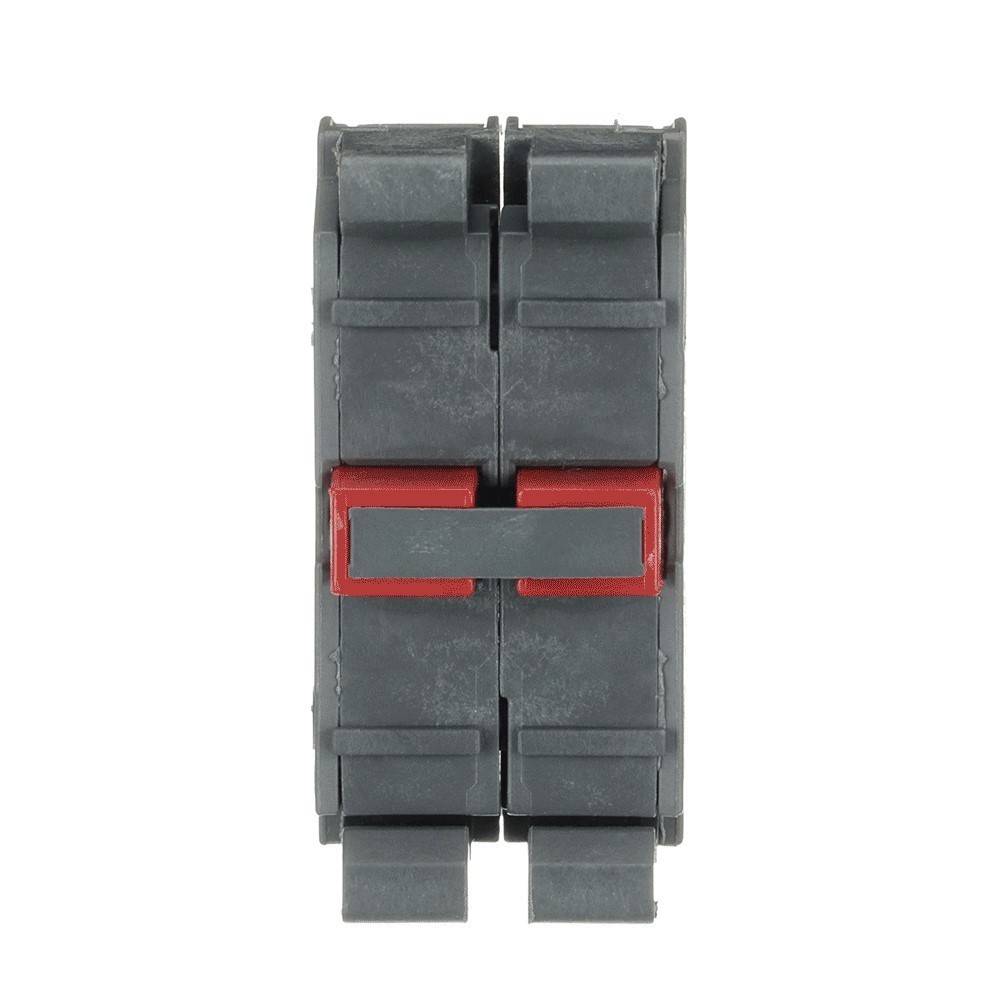 Ein schwarzer Kunststoff-Doppelpol-Leitungsschutzschalter mit roten Schaltern an beiden Seiten wird gezeigt. Die Frontansicht zeigt sein kompaktes Design.