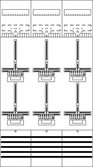 Ein Raster aus sechs identischen schwarzen und weißen abstrakten Mustern mit vertikalen und horizontalen Linien und rechteckigen Formen darunter.