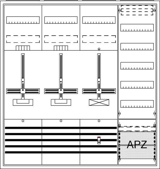 Grundriss, der ein Layout mit drei zentralen Einheiten, mehreren Räumen, einem als APZ gekennzeichneten Bereich und strukturierten Linien zeigt.