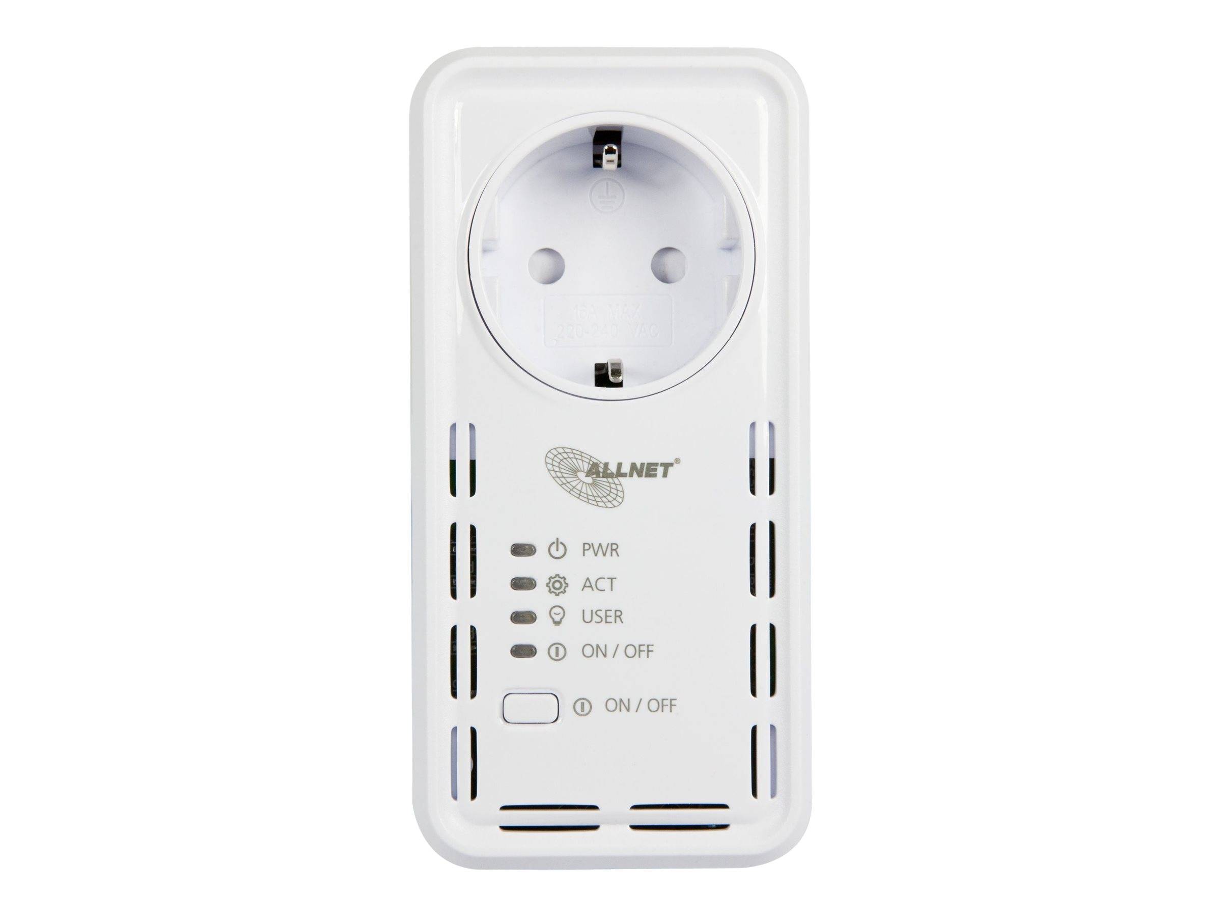 Weiße Stecker-Stromanschlussadapter mit einer vorderen Buchse, Status-LEDs mit den Bezeichnungen PWR, ACT, USER und ON/OFF sowie einem ON/OFF-Schalter.
