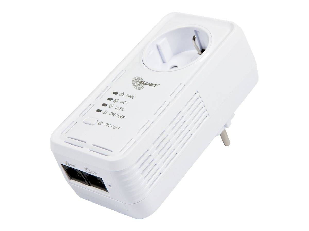 Weißer Steckernetzteil-Adapter mit Durchgangsauslass, Status-LEDs und zwei Ethernet-Anschlüssen auf der Vorderseite.