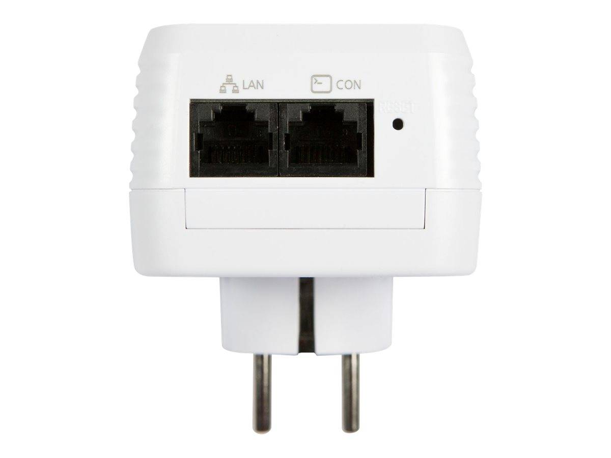 Weißes Plug-in-Gerät mit zwei vorderen Ethernet-ähnlichen Anschlüssen mit den Bezeichnungen „LAN