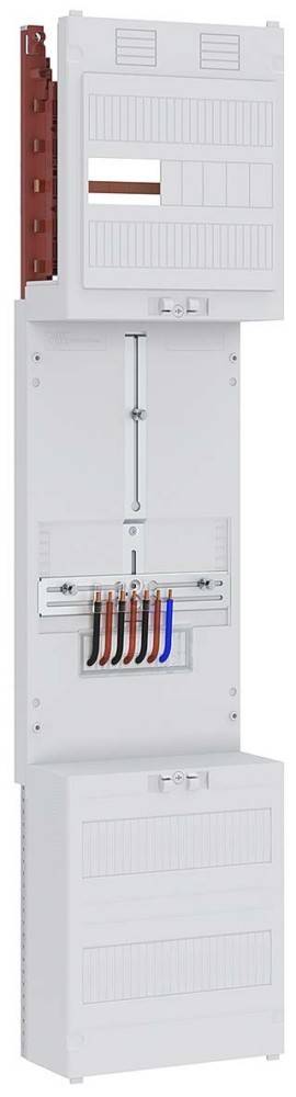 Elektrische Verteilertafel mit sechs farbcodierten Leitungen, die an Sammelschienen angeschlossen sind und zur Stromverteilung innerhalb eines Gebäudes verwendet werden.