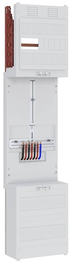 Ein weißes Elektroverteilerkästen mit mehreren farbigen Kabeln (schwarz, rot, blau), die unten organisiert sind und für die Stromkreisverwaltung verwendet werden.