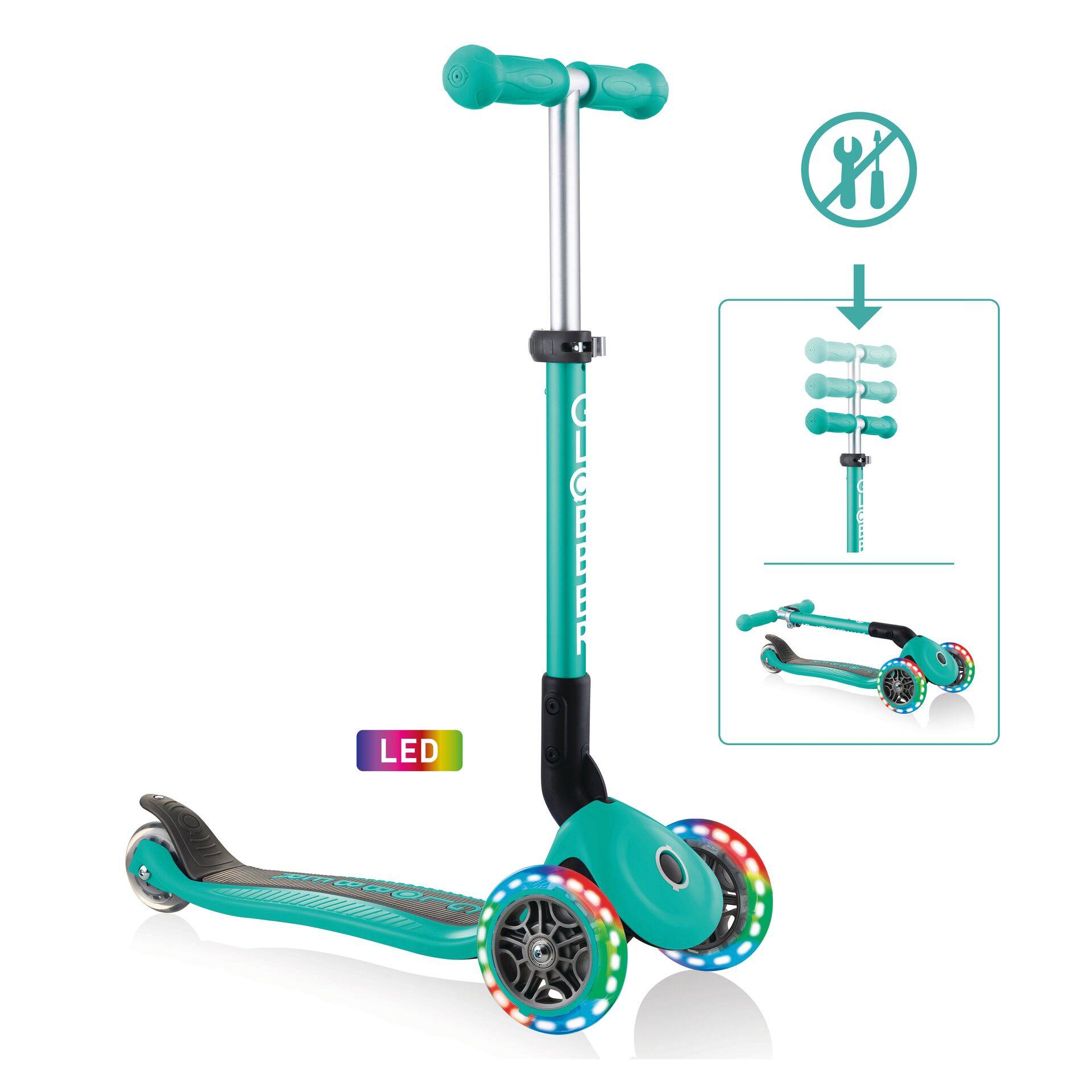 GLOBBER JUNIOR FOLDABLE LIGHTS – Tretroller, 120/80 mm, ABEC 5, 3-rädrig, LED-Leuchtrollen, türkis