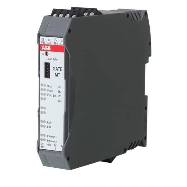 ABB Jokab Safety GATE MT industrielle Sicherheitseinheit mit Statusanzeigen, verwendet zur Überwachung von Torkontrollen in Automatisierungssystemen.