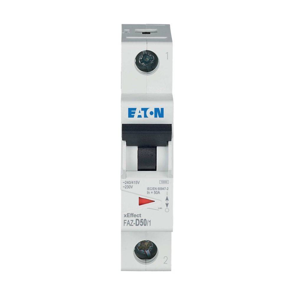 Eaton FAZ-D50/1 Leitungsschutzschalter; weiße Gehäuse, schwarzer Schalter, ausgelegt für 230/400V und 50A. Verwendet für den elektrischen Leitungsschutz.