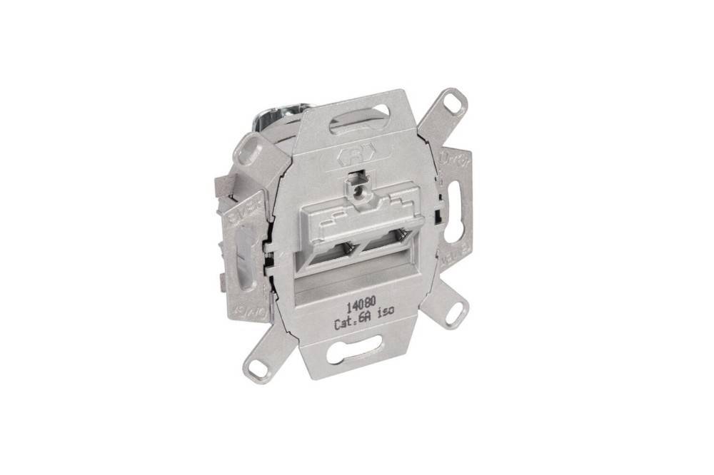 Metall-Wanddose zur Aufputzmontage, gekennzeichnet mit 'Cat. 6A ISO' für Netzwerkkabelanschlüsse, mit robuster Bauweise und Montageklammern zur Installation.
