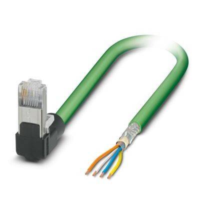 Ein grünes Ethernet-Kabel mit einer Schutzabdeckung wird gezeigt, mit vier freigelegten farbigen Drähten an einem Ende.