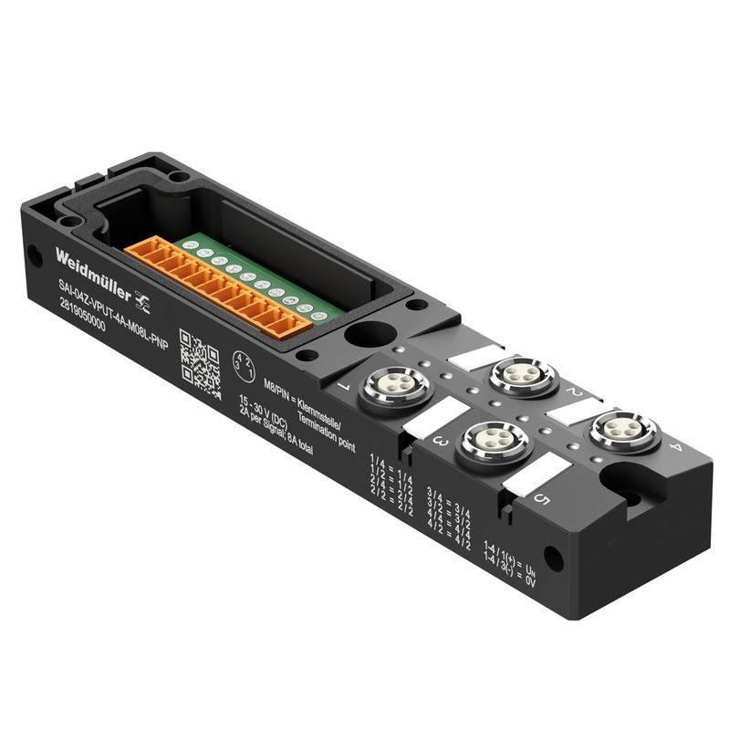 Eine modulare Weidmüller Elektronikkomponente mit mehreren Anschlüssen und Ports, die für industrielle Automatisierungs- und Steuerungssysteme verwendet wird.