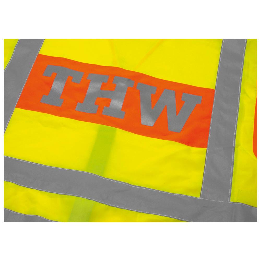 Gelbe und orangefarbene Weste mit reflektierenden Streifen, mit den Buchstaben „THW