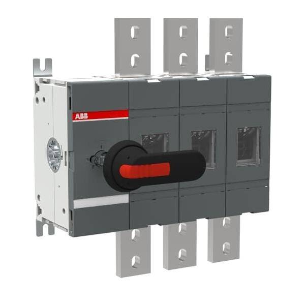 Ein Drehschalter mit rotem Griff ist auf einer Tafel montiert, über Metallklemmen verbunden, wahrscheinlich für industrielle elektrische Steuerungen verwendet.