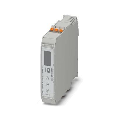 Ein graues elektronisches Gerät mit orangefarbenen Anschlüssen und Tasten, an der Vorderseite mit „MACX-MCR