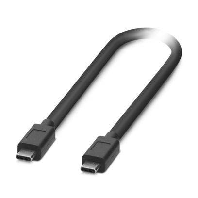 Ein schwarzes USB-C-zu-USB-C-Kabel auf weißem Hintergrund, das Anschlüsse und flexibles Kabel zeigt.