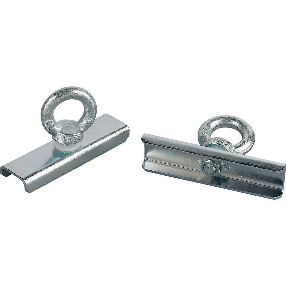 Zwei Metallösen, die an rechteckigen Metallbasen befestigt sind, eine senkrecht und eine auf der Seite liegend, die unterschiedliche Befestigungswinkel zeigen.